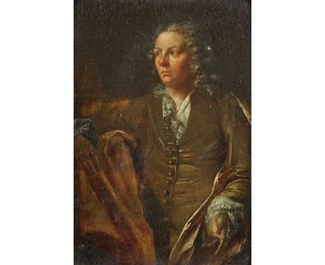 18th Century Italian School. Portrait of a Wigged Man, in a Brown Coat and White Shirt, Oil on Panel, 4.75" x 3".