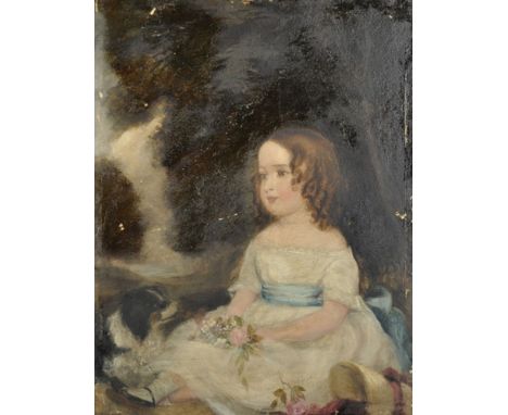 Early 19th Century English School. A Young Girl Seated in a Landscape wearing a White Dress and Blue Sash, holding a posy of 