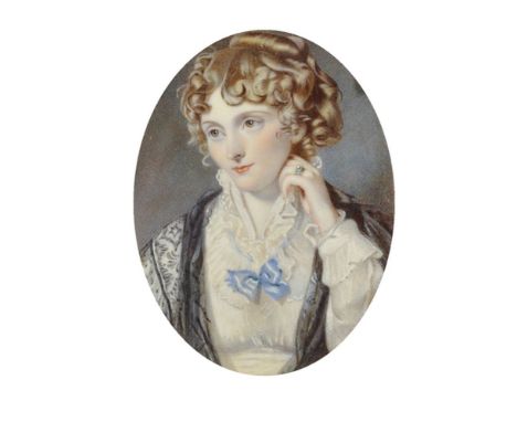 19th Century English School. Portrait of a Lady, dressed in white with a blue bow, Watercolour, Oval, 3.5" x 2.75".
