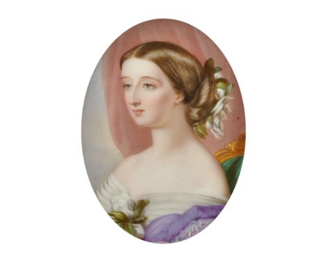 19th Century English School. Portrait of a Young Lady, Oval, Ceramic, Overall 4.5" x 3.75".