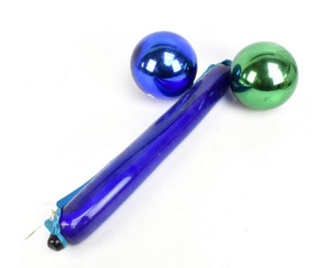 A large Victorian Bristol Blue glass rolling pin, length 78cm, together with two witches' balls, diameter 18cm, (3).Additiona