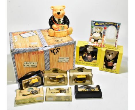 RINGTONS; a collection of commemorative items to include two metal tea tins, a bear biscuit tin and cover, a smaller Ringtons