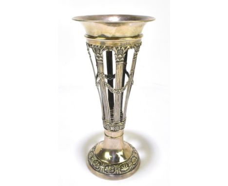 WALKER &amp; HALL; a hallmarked silver pierced trumpet vase, decorated with floral swags and fluted columns on circular base,