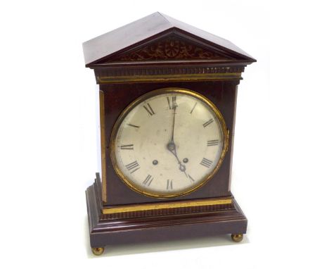WINTERHALDER &amp; HOFMEIER; an 19th century mahogany mantel clock of architectural form with applied brass panels surroundin
