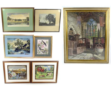 UNATTRIBUTED; mixed media, church interior scene, signed with initial R within circle lower right, 65 x 51cm, a coloured engr
