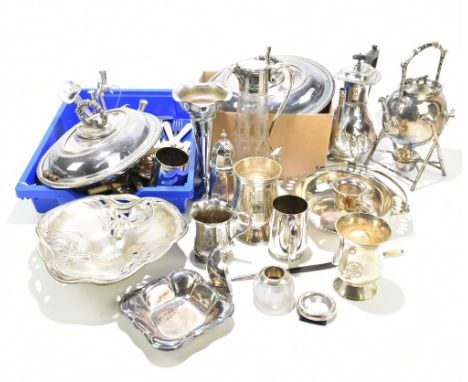 A group of silver plated items including a teapot, mugs, dishes, various flatware, etc.