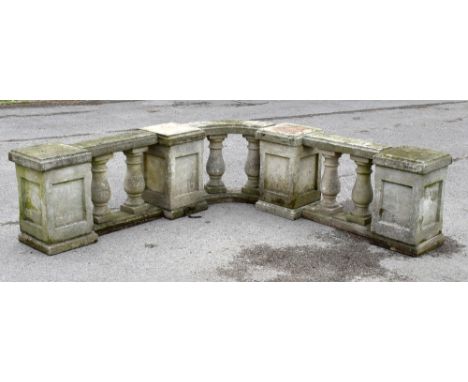 A section of reconstituted stone garden corner balustrading, intersected by four columns , height approx 61cm.