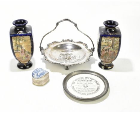 A pair of 20th century Japanese Satsuma vases, height 21.7cm, a white metal lidded box inset with underglaze blue decorated p