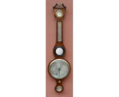 F BARNASCHENE OF NEWCASTLE; a 19th century mahogany and inlaid banjo barometer, thermometer and spirit gauge, with broken swa