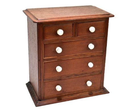 A late 19th century mahogany miniature chest of two short over three long drawers, with ceramics handles, raised on plinth ba