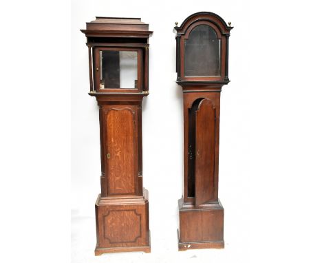 A George III oak longcase clock case, with fluted corner angles, with a dome top oak longcase clock case, on plinth base, (no