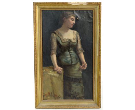 UNATTRIBUTED; oil on canvas laid on board, a full length portrait of a girl holding a locket, apparently unsigned, 49 x 27cm,