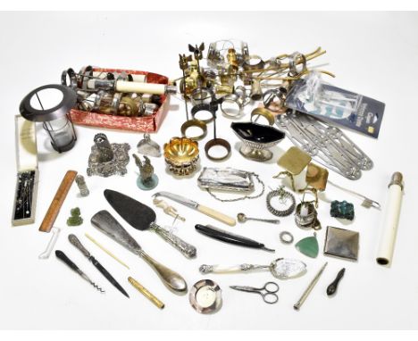 A quantity of assorted silver plate and metal ware including a pair of miniature brass tripod tables, height 6cm, a 19th cent