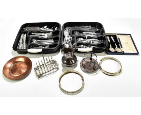 A small quantity of assorted silver plate and metalware including a Noritake stainless steel part canteen of cutlery, a silve