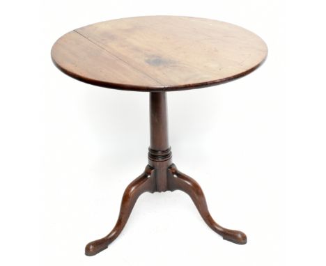 A Georgian mahogany circular tilt top tripod table, diameter 68cm, height 72cm.Additional InformationThe top is a lighter col