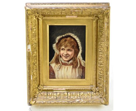 UNATTRIBUTED;&nbsp; late 19th century oil on board, a portrait of a girl wearing a bonnet, signed G.E lower right, 18.5 x 12c