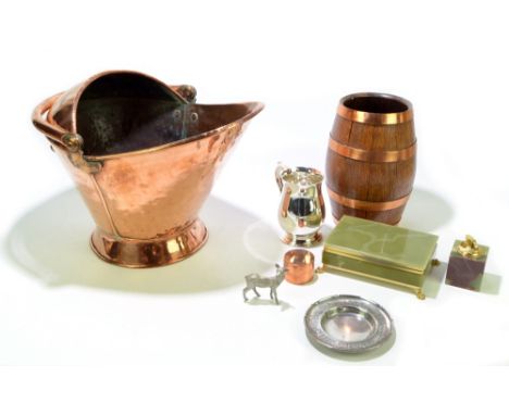 A copper coal scuttle with swing handle, a coopered oak barrel, a small copper trinket box, a silver plated mug, a pewter dis