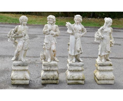 A set of four reconstituted stone garden figures emblematic of the Seasons, each on a shaped acanthus leaf square base, heigh