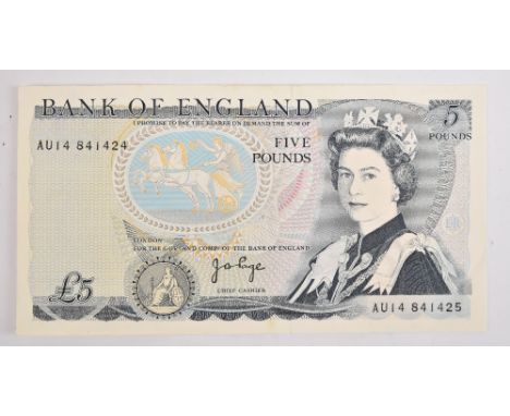 An Elizabeth II £5 error banknote, sequential serial numbers on the same note, AU14 841424 and AU14 841425, The Duke of Welli