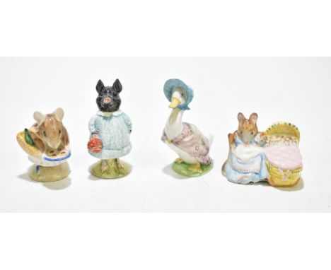 BESWICK; four Beatrix Potter figures, 'Hunca Munca' and 'Jemima Puddleduck' with early gilt back stamps, the latter two 'Pig-