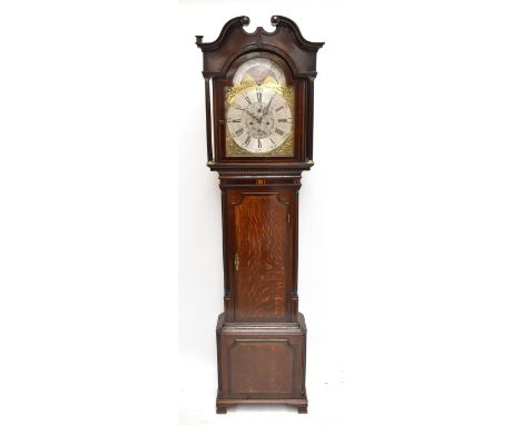 JOHN LEES OF MIDDLETON; a 19th century oak and mahogany eight day longcase clock with broken swan neck pediment above silvere