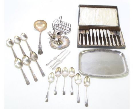 A small collection of assorted silver plate to include a six division toast rack, a chamber stick with snuffer, etc.