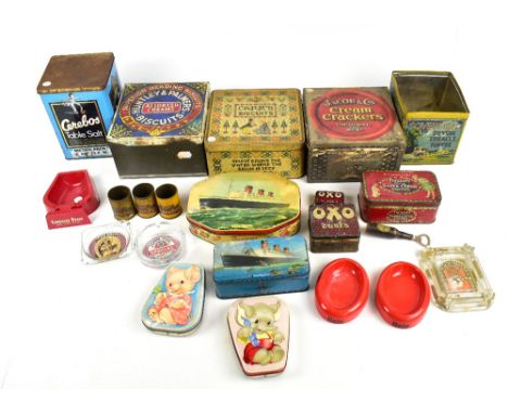 A collection of assorted advertising tins including Sovereign Devon Treacle Toffee, Henry Thorn &amp; Co of Leeds, also two H