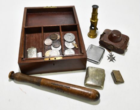 A group of collector's items including a police truncheon stamped ‘Manchester Police, A Division, N8 118 9. 1871’,&nbsp;silve