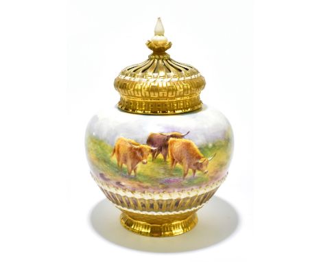 EDWARD TOWNSEND FOR ROYAL WORCESTER; a hand painted potpourri and cover decorated with highland cattle in landscape setting, 