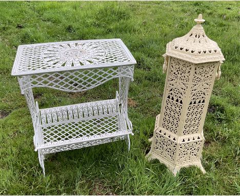 A white painted metal conservatory garden table, with rectangular top above a shaped undertier, height 67cm, length 52cm, dep