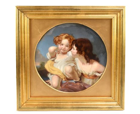 UNATTRIBUTED; 19th century oil on board, a circular portrait depicting two children, apparently unsigned, diameter 29cm, fram