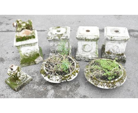 A set of four reconstituted stone garden plinths, 39cm high, with two circular planter tops and one stand (7)Additional Infor