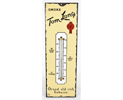 An early 20th century vitreous enamel Tom Long advertising thermometer, 'Smoke Tom Long Grand Old Rich Tobacco', 57 x 19cm.Ad