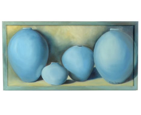 SYLVIE ROWAN; oil on canvas, still life depicting four blue ceramic vases, signed lower right, 29 x 59.5cm, framed.Additional