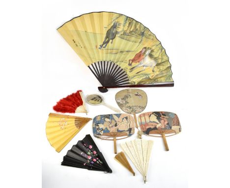 Three Chinese paper and bamboo fans including an example with seal signatures decorated with three figures, approx 33 x 28.5c