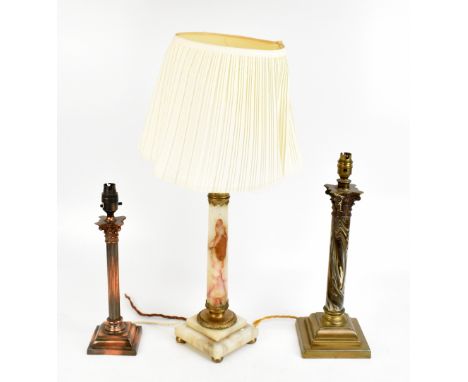 A late 19th century brass mounted and ceramic Corinthian column table lamp, excluding fitting 36cm, together with a similar a