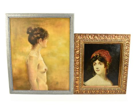 UNATTRIBUTED; oil on canvas, 'A Gypsy Girl', unsigned, 30 x 24cm, framed, together with a further oil on canvas by Mary McEiv