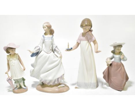 LLADRO; a figure of Cinderella on oval base, model no.4828, height 25cm, with three Nao figures comprising a girl holding a c