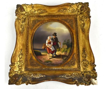 KPM BERLIN; a 19th century painted porcelain plaque depicting a young lady with basket and gentleman with walking staff, in w