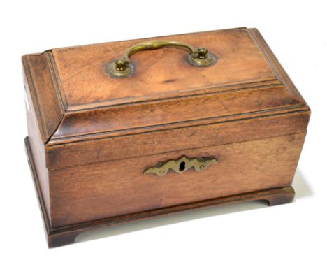 A George III mahogany tea caddy, with brass swan neck handle to the cover and applied escutcheon, raised on bracket feet, wid