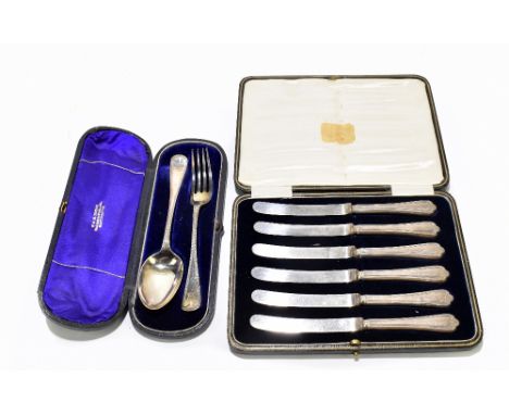 WILLIAM HUTTON &amp; SONS (ROBERT HUTTON); a cased Victorian hallmarked silver fork and spoon with engraved initials to termi