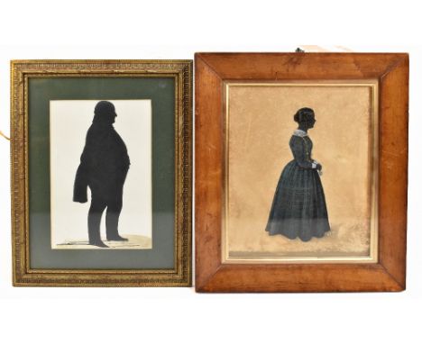 An early 19th century silhouette depicting a Victorian lady wearing a necklace and a green dress, 25 x 21cm, in a satinwood f
