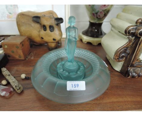 A vintage blue smoked glass art deco style figure and bowl A/F