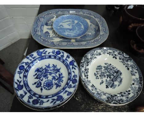 A selection of vintage ceramics blue and white delft wares including willow pattern and Indiana GTM