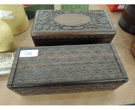 Two vintage treen jewellery boxes with ornate middle eastern style carving
