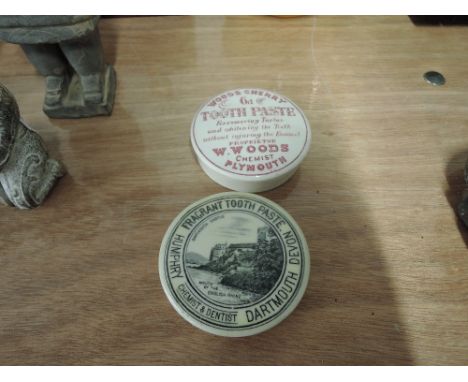 Two vintage ceramic advertising lids for tooth paste dentistry related