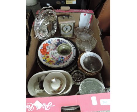 A miscellaneous box including carriage clock, plated ware and ceramics