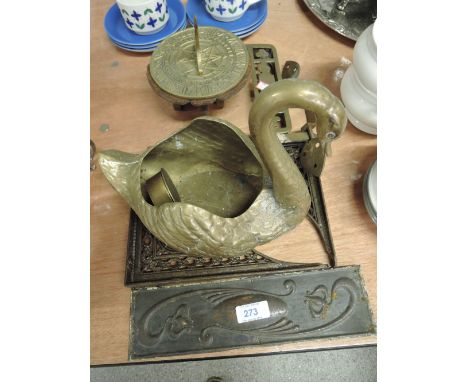 A selection of vintage brass, including sun dial, swan planter and door furniture