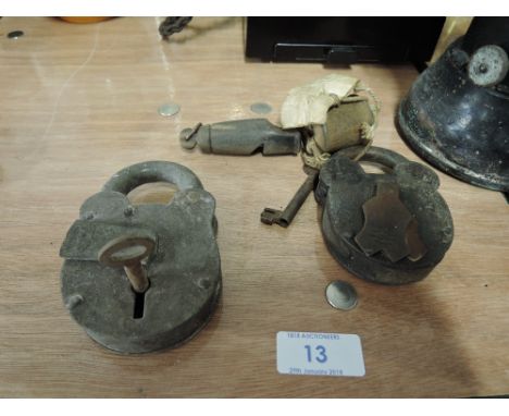 Two vintage padlock and key sets one by Union also horn carved whistle 