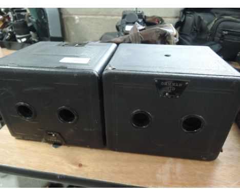 Two CIA (Camera-Industrie A.G) Stereo Box Cameras one in leather bag with plates